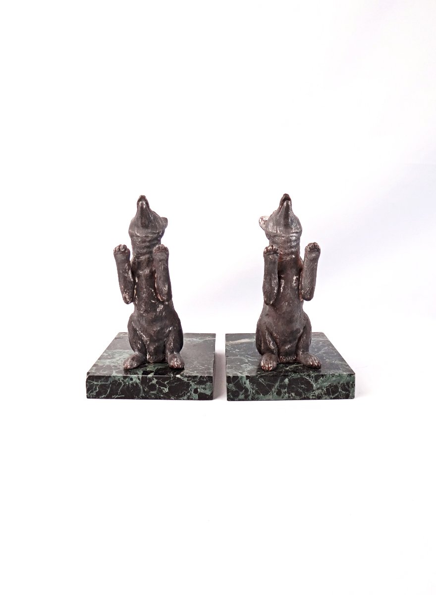 Pair Of Art Deco Fox-motif Bookends On Green Marble, Early 20th Century-photo-2