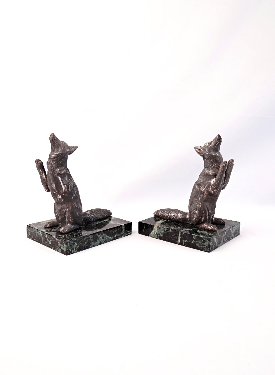 Pair Of Art Deco Fox-motif Bookends On Green Marble, Early 20th Century-photo-3
