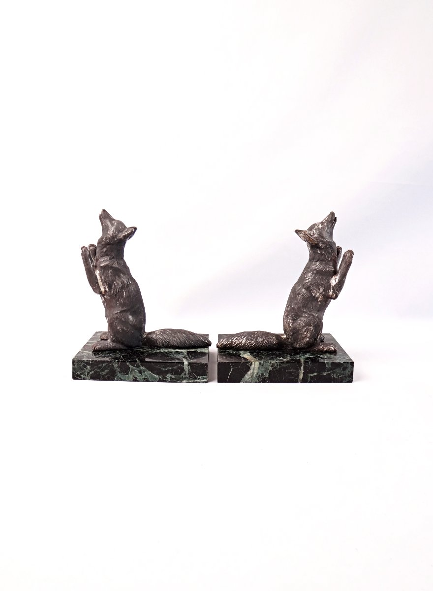 Pair Of Art Deco Fox-motif Bookends On Green Marble, Early 20th Century-photo-4