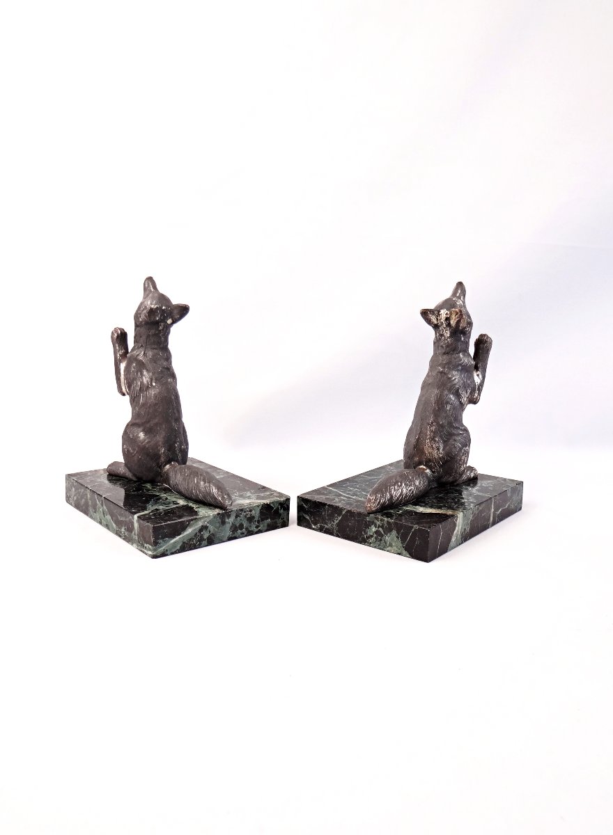 Pair Of Art Deco Fox-motif Bookends On Green Marble, Early 20th Century-photo-5