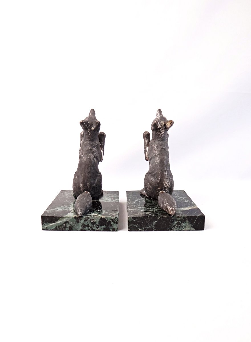 Pair Of Art Deco Fox-motif Bookends On Green Marble, Early 20th Century-photo-6