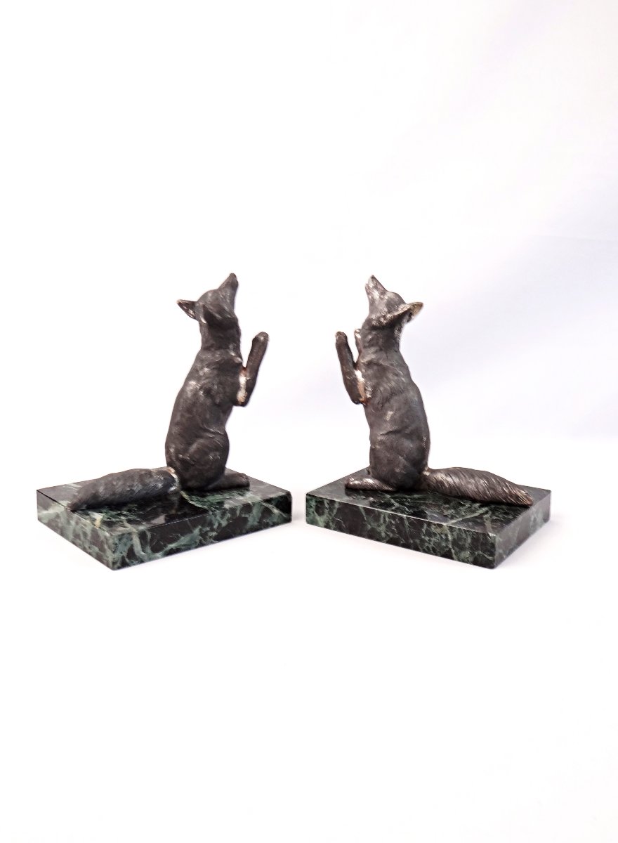 Pair Of Art Deco Fox-motif Bookends On Green Marble, Early 20th Century-photo-7