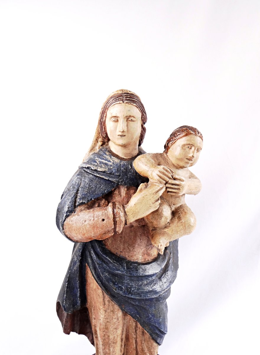 Polychrome Wooden Virgin And Child, Hungarian Religious Folk Art, Late 18th Century-photo-2
