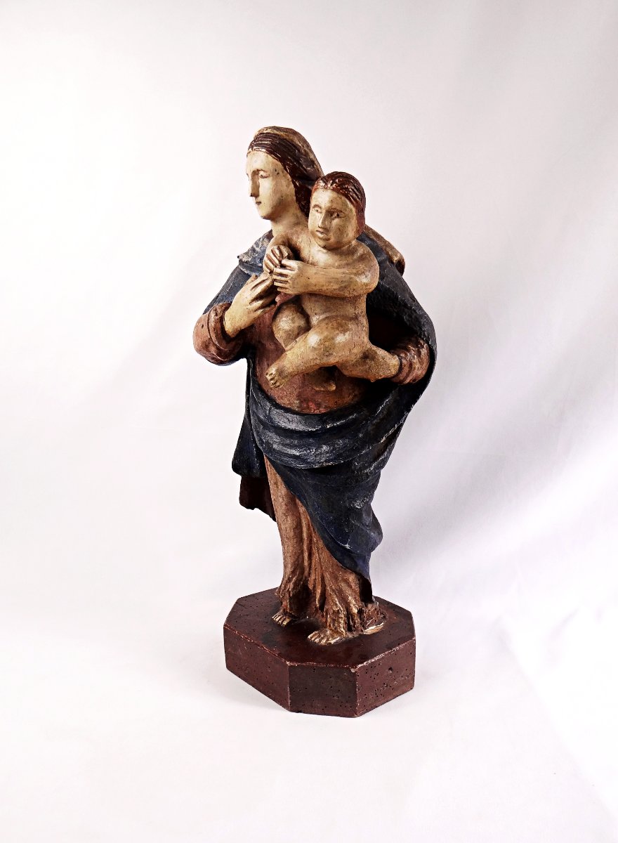 Polychrome Wooden Virgin And Child, Hungarian Religious Folk Art, Late 18th Century-photo-1