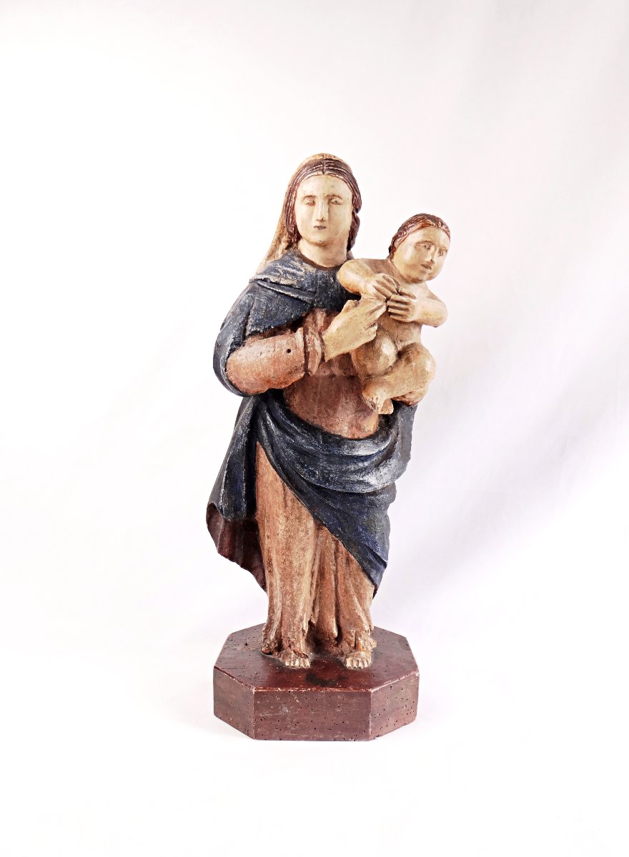 Polychrome Wooden Virgin And Child, Hungarian Religious Folk Art, Late 18th Century