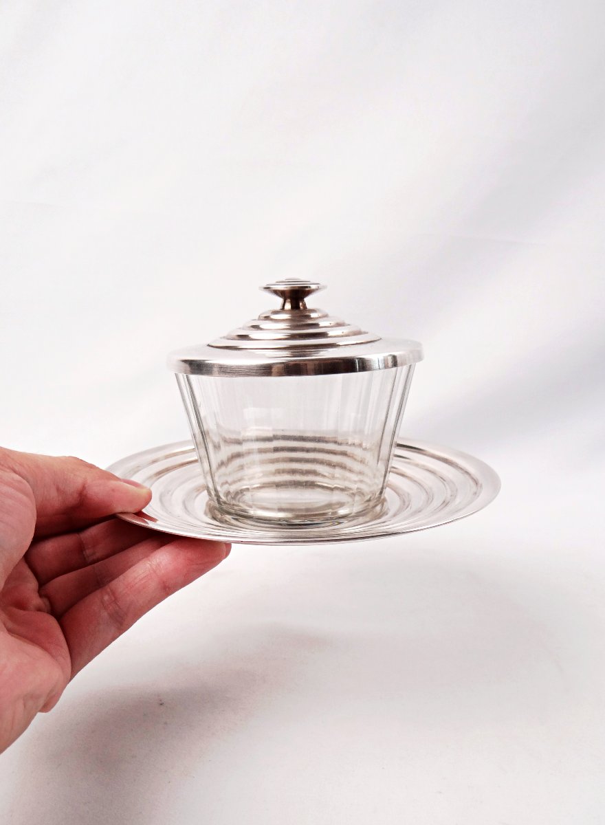 Luc Lanel Jam Jar For Christofle Art Deco, "ondulation" Model, Glass & Silver-plated Metal-photo-2