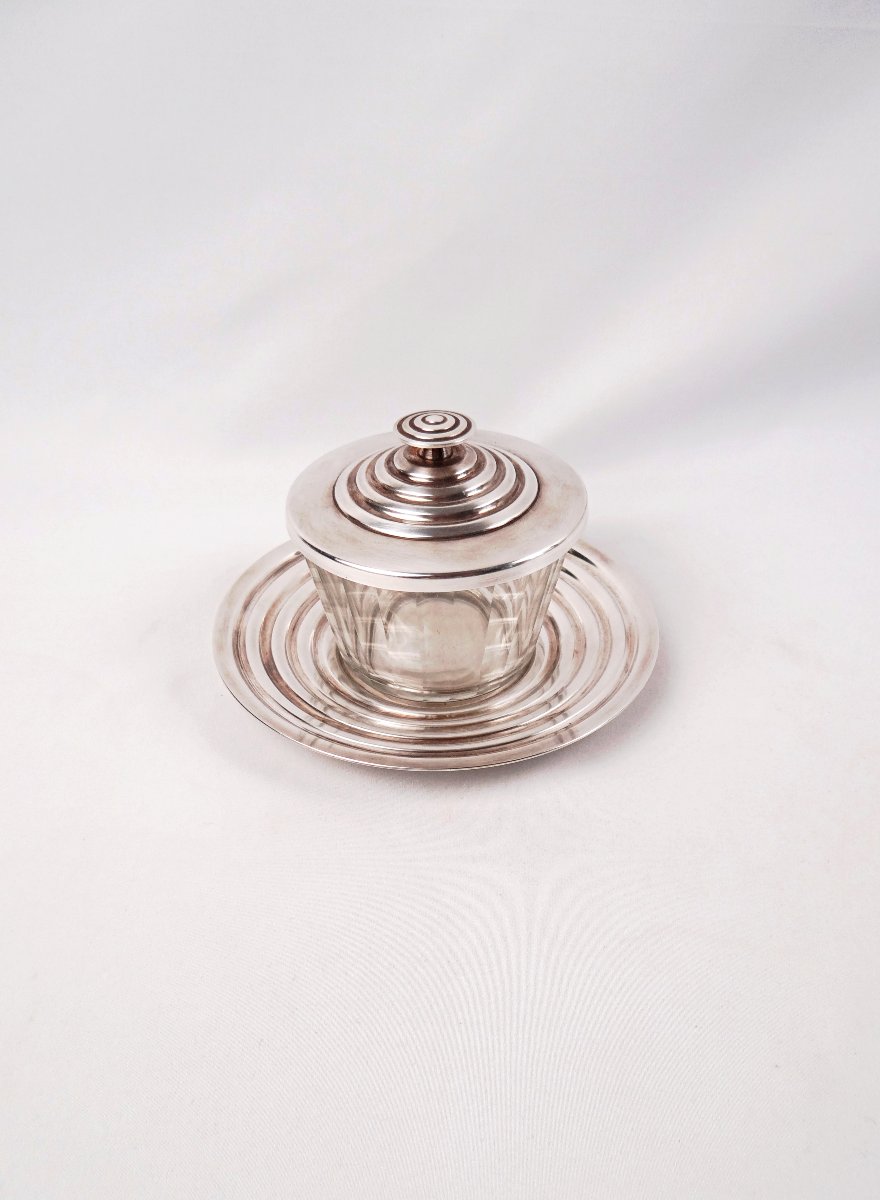 Luc Lanel Jam Jar For Christofle Art Deco, "ondulation" Model, Glass & Silver-plated Metal-photo-3
