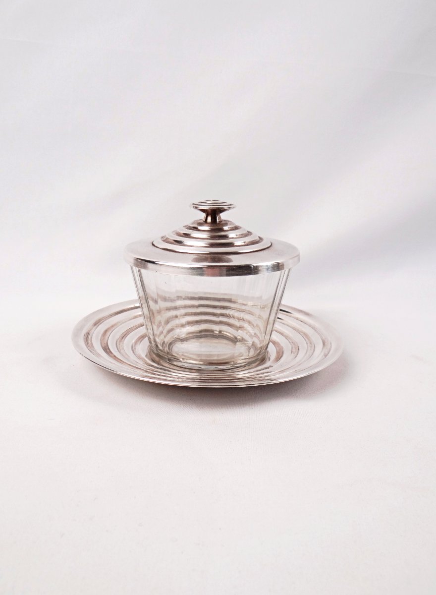 Luc Lanel Jam Jar For Christofle Art Deco, "ondulation" Model, Glass & Silver-plated Metal