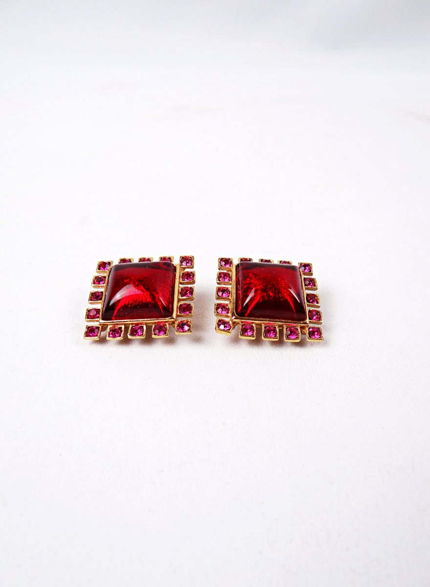 Pair Of Yves Saint Laurent & Goosens Gold-plated Clip-on Earrings With Gripoix-photo-2