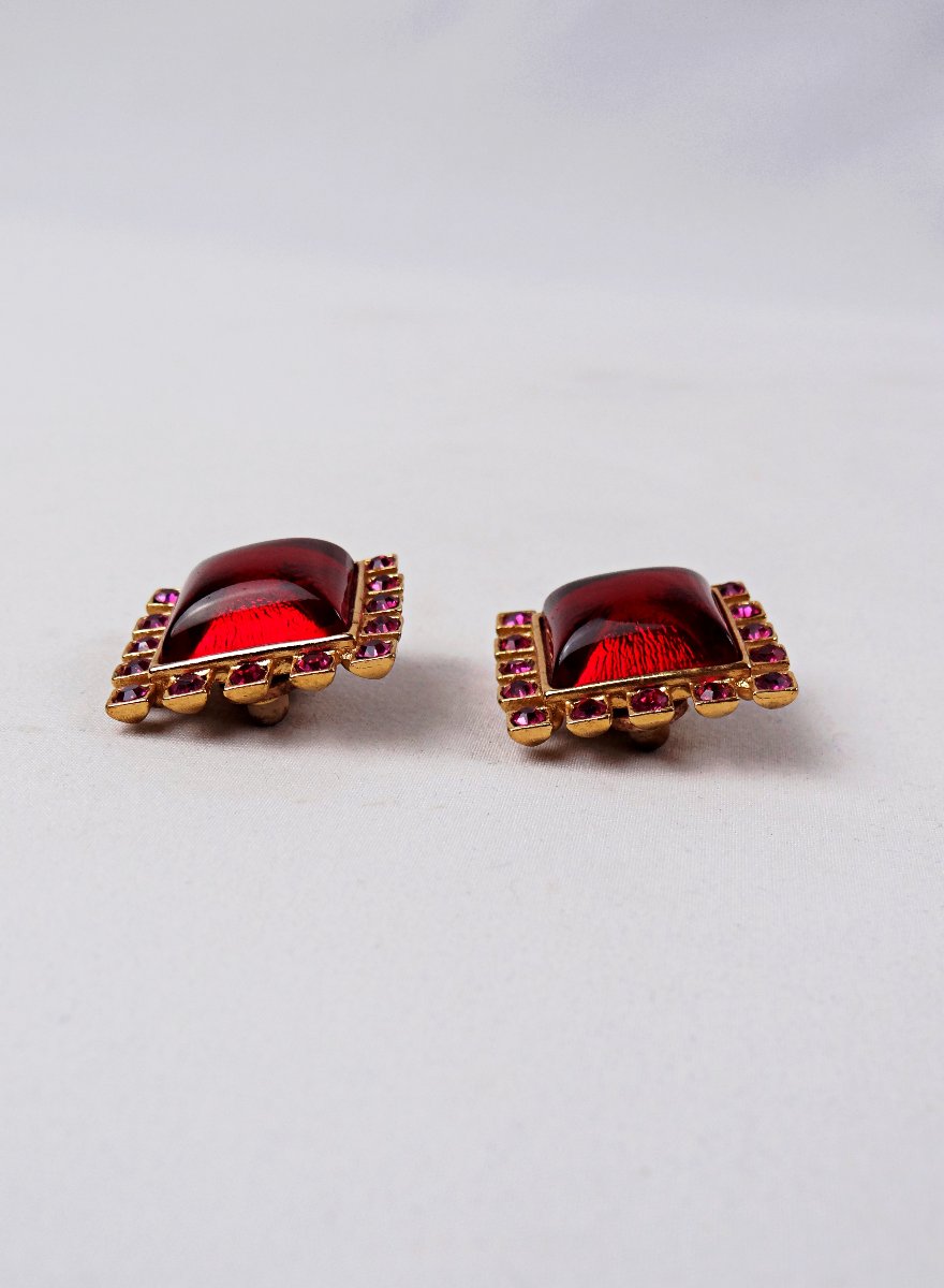 Pair Of Yves Saint Laurent & Goosens Gold-plated Clip-on Earrings With Gripoix-photo-6