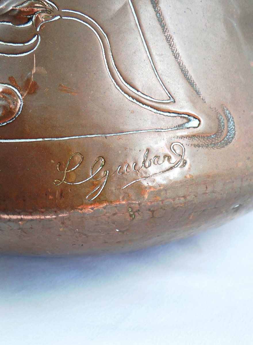 Chaudron ou Cache pot en cuivre Art Nouveau signé L. Guibard fin XIXe-photo-2