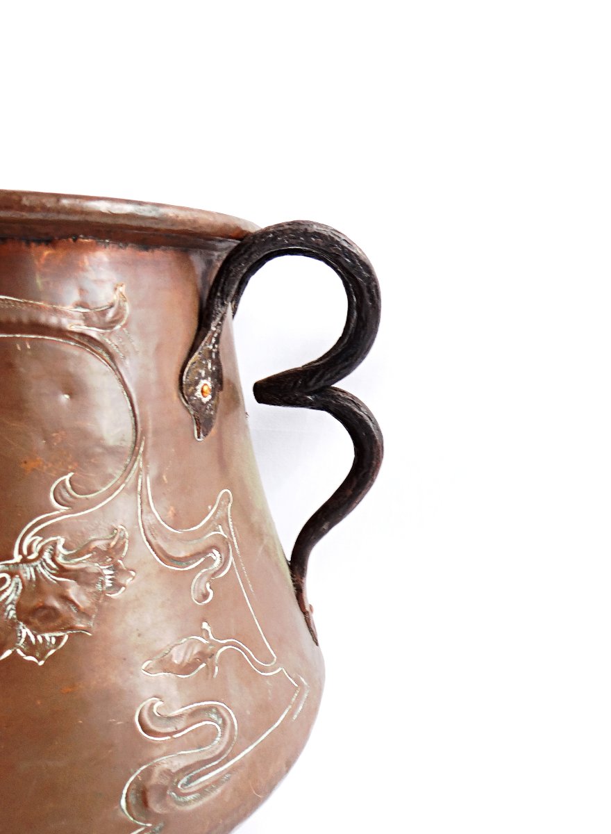 Chaudron ou Cache pot en cuivre Art Nouveau signé L. Guibard fin XIXe-photo-4