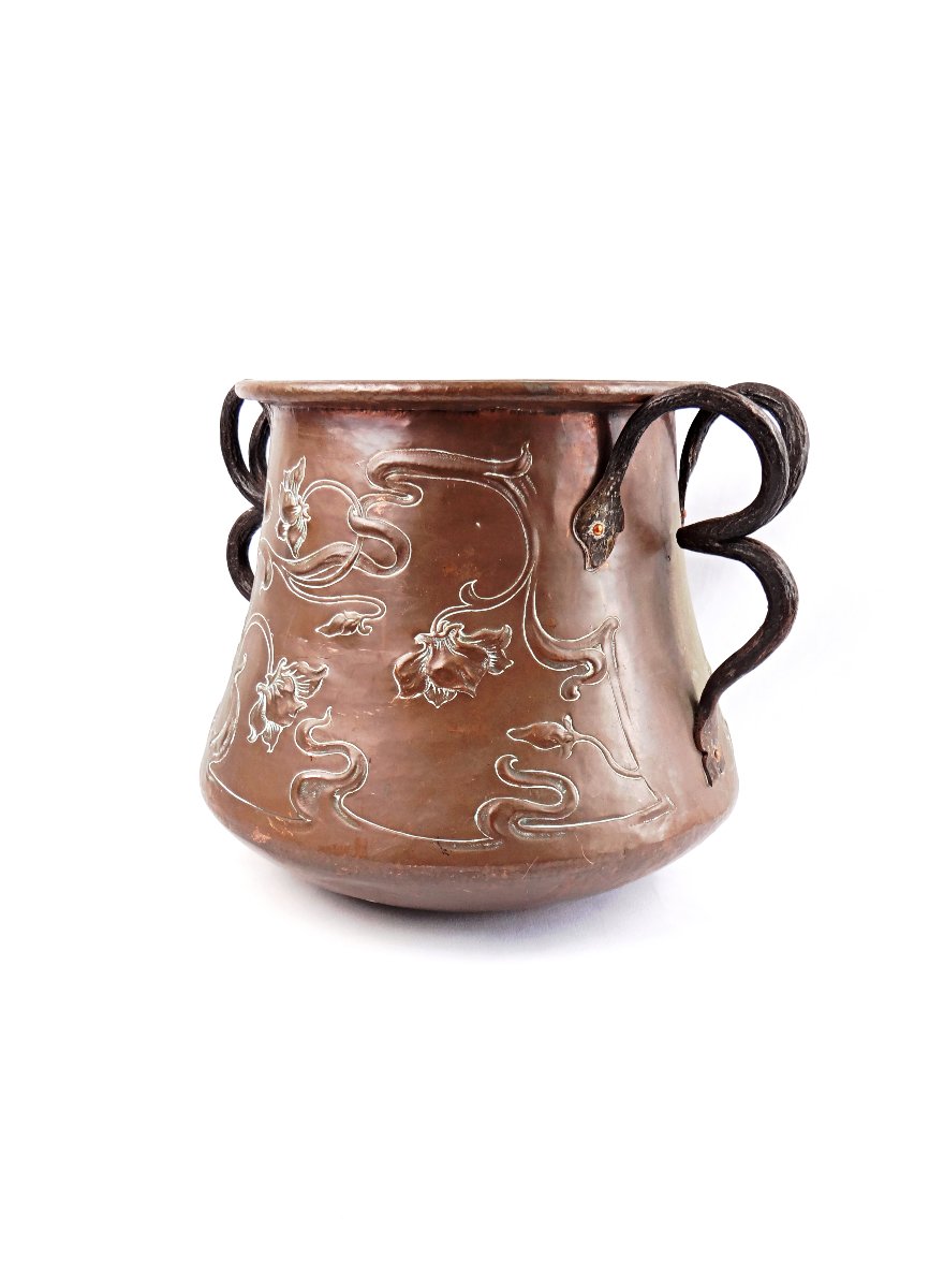 Chaudron ou Cache pot en cuivre Art Nouveau signé L. Guibard fin XIXe-photo-2