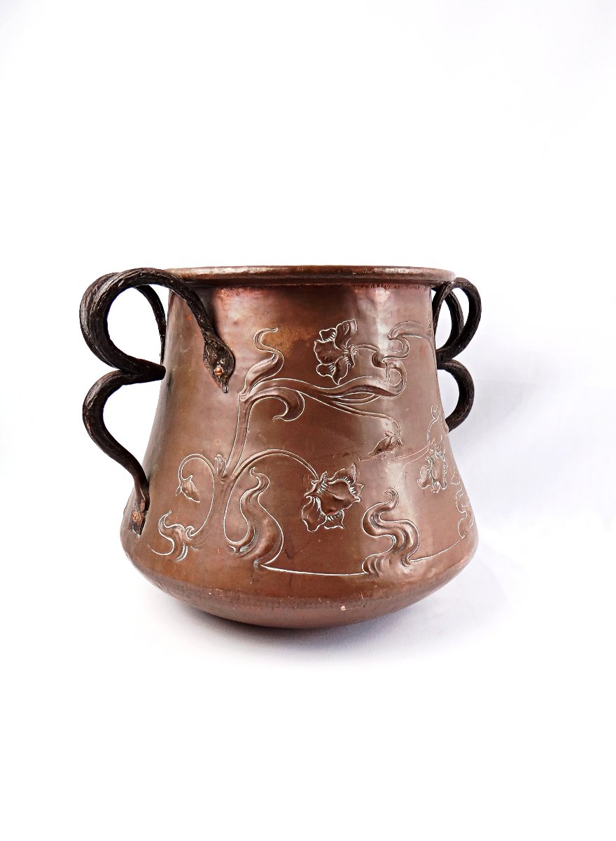 Chaudron ou Cache pot en cuivre Art Nouveau signé L. Guibard fin XIXe-photo-4