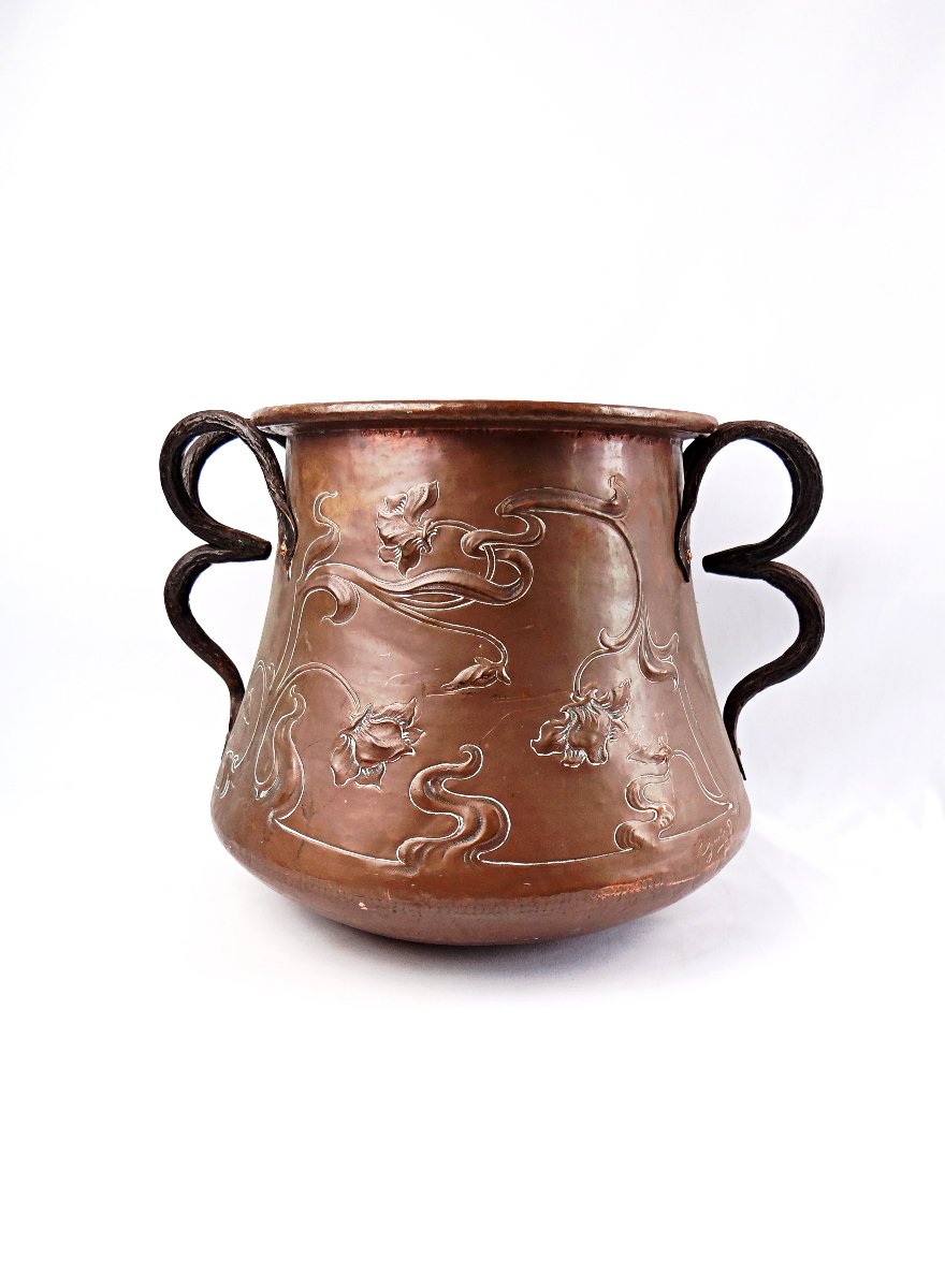 Chaudron ou Cache pot en cuivre Art Nouveau signé L. Guibard fin XIXe-photo-5