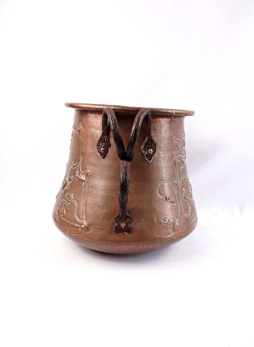 Chaudron ou Cache pot en cuivre Art Nouveau signé L. Guibard fin XIXe-photo-6