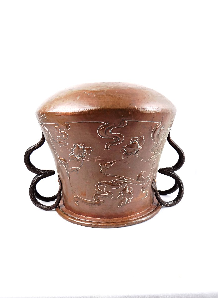 Chaudron ou Cache pot en cuivre Art Nouveau signé L. Guibard fin XIXe-photo-7