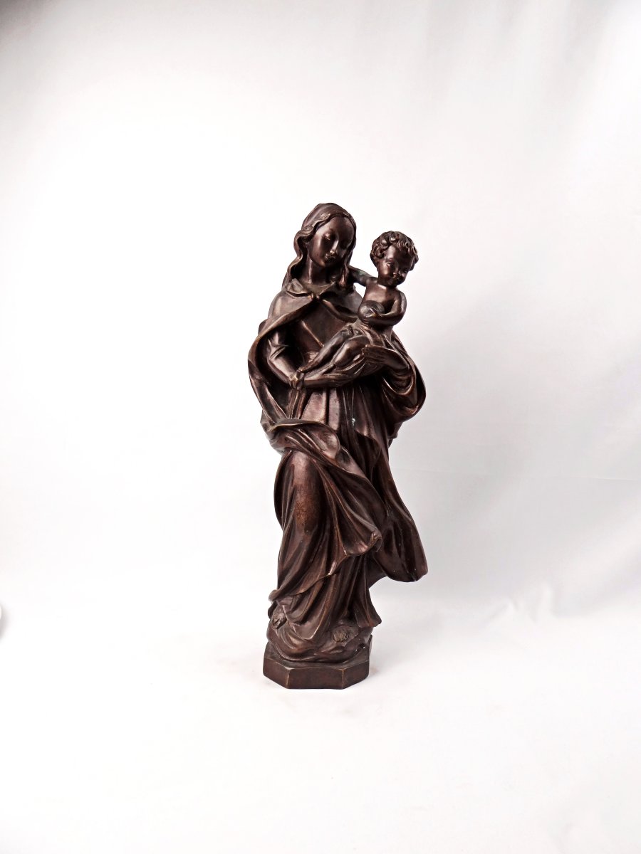 Vierge à l'Enfant sculpture en laiton à patine brune fin XIXe