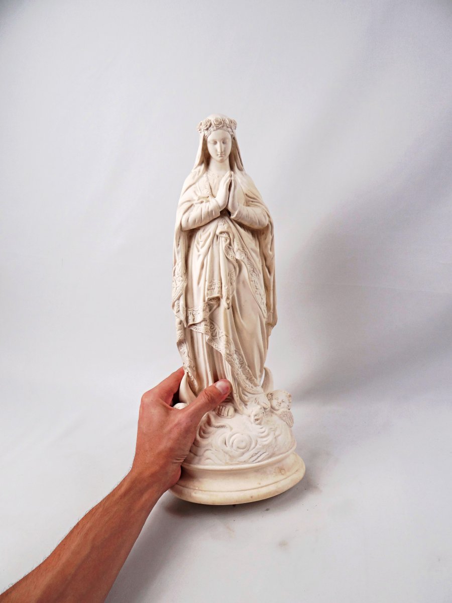 Large Virgin Mary Crowned With Flowers Crushing The Serpent, Plaster, Late 19th Century -photo-2