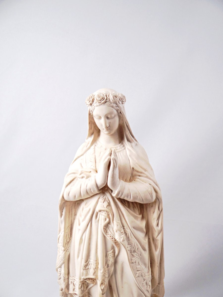 Large Virgin Mary Crowned With Flowers Crushing The Serpent, Plaster, Late 19th Century -photo-3
