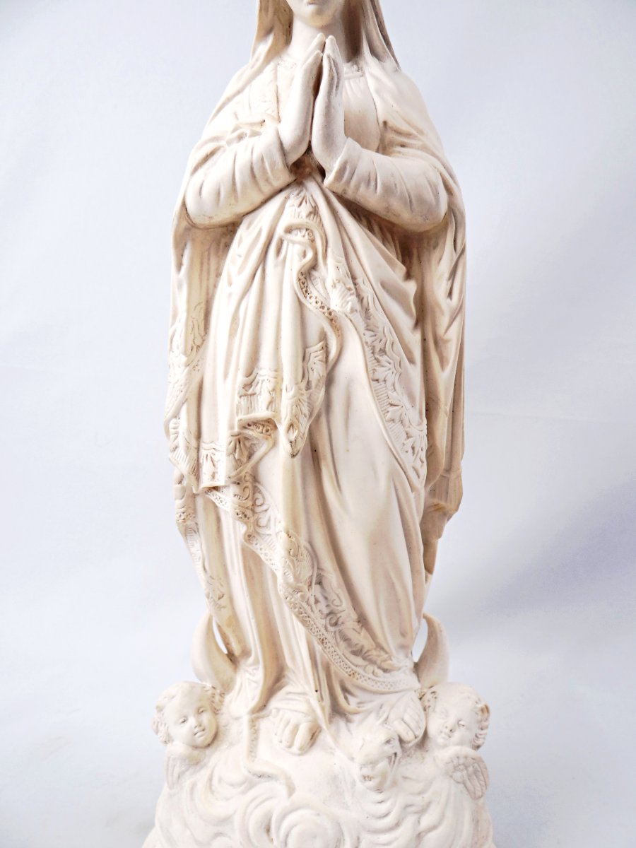 Large Virgin Mary Crowned With Flowers Crushing The Serpent, Plaster, Late 19th Century -photo-4