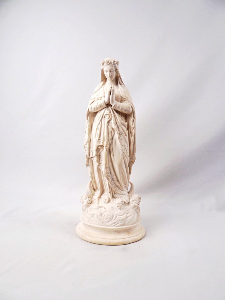 Large Virgin Mary Crowned With Flowers Crushing The Serpent, Plaster, Late 19th Century -photo-2