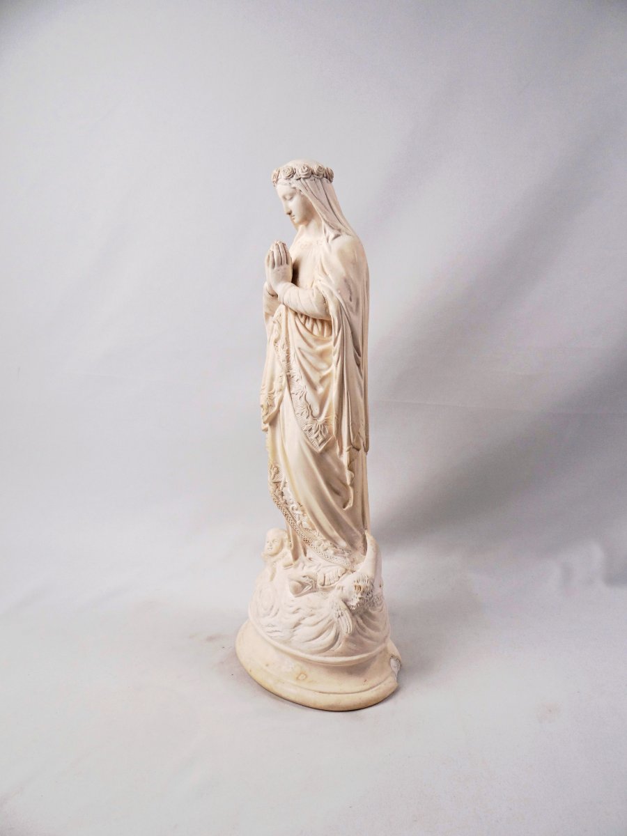 Large Virgin Mary Crowned With Flowers Crushing The Serpent, Plaster, Late 19th Century -photo-3