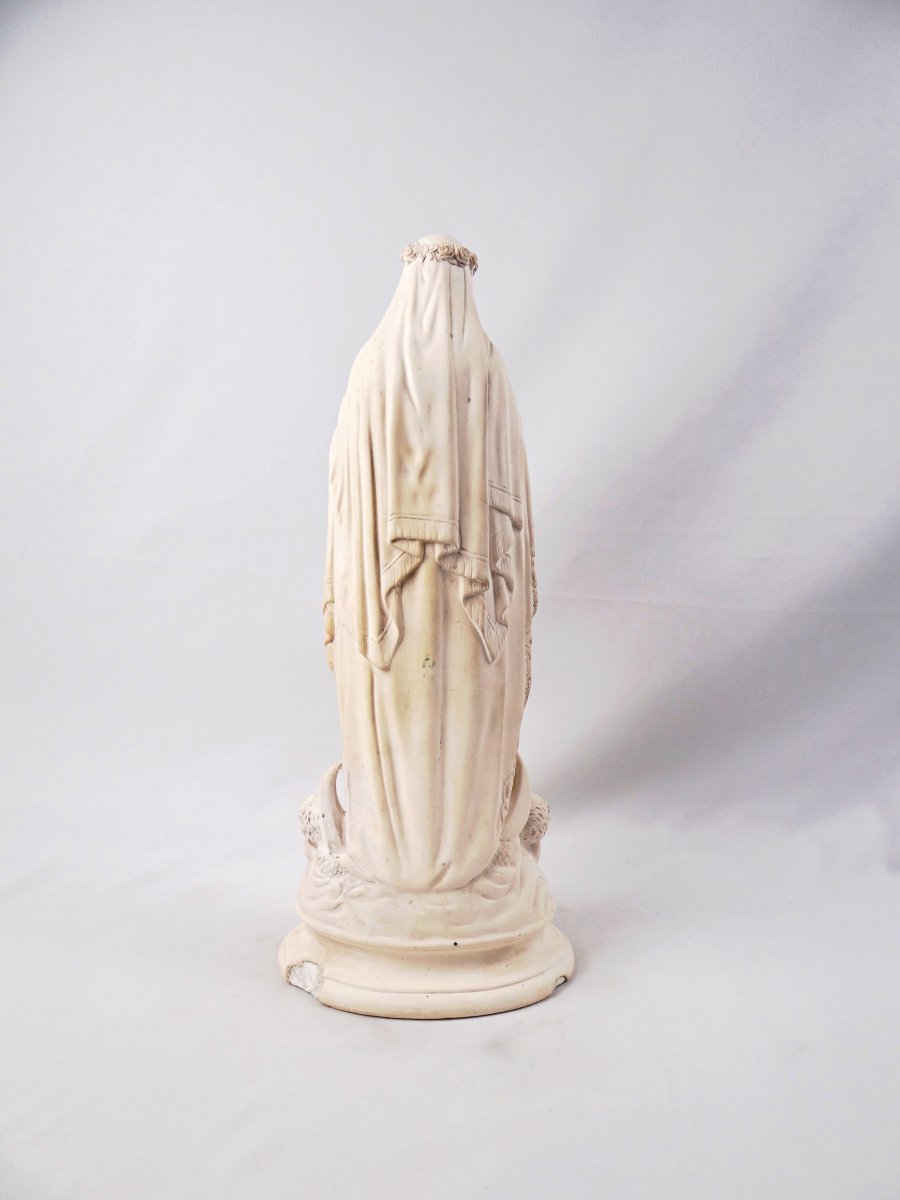 Large Virgin Mary Crowned With Flowers Crushing The Serpent, Plaster, Late 19th Century -photo-5