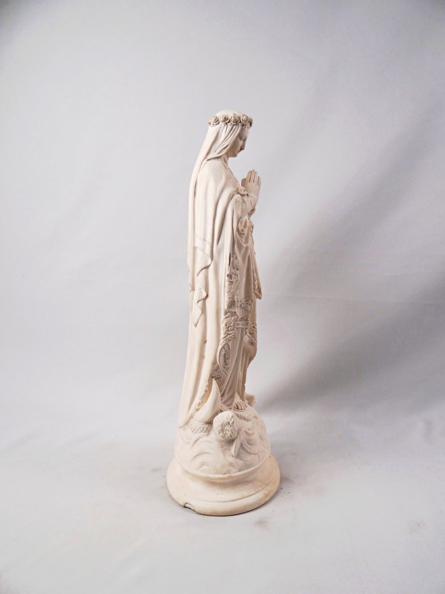 Large Virgin Mary Crowned With Flowers Crushing The Serpent, Plaster, Late 19th Century -photo-6