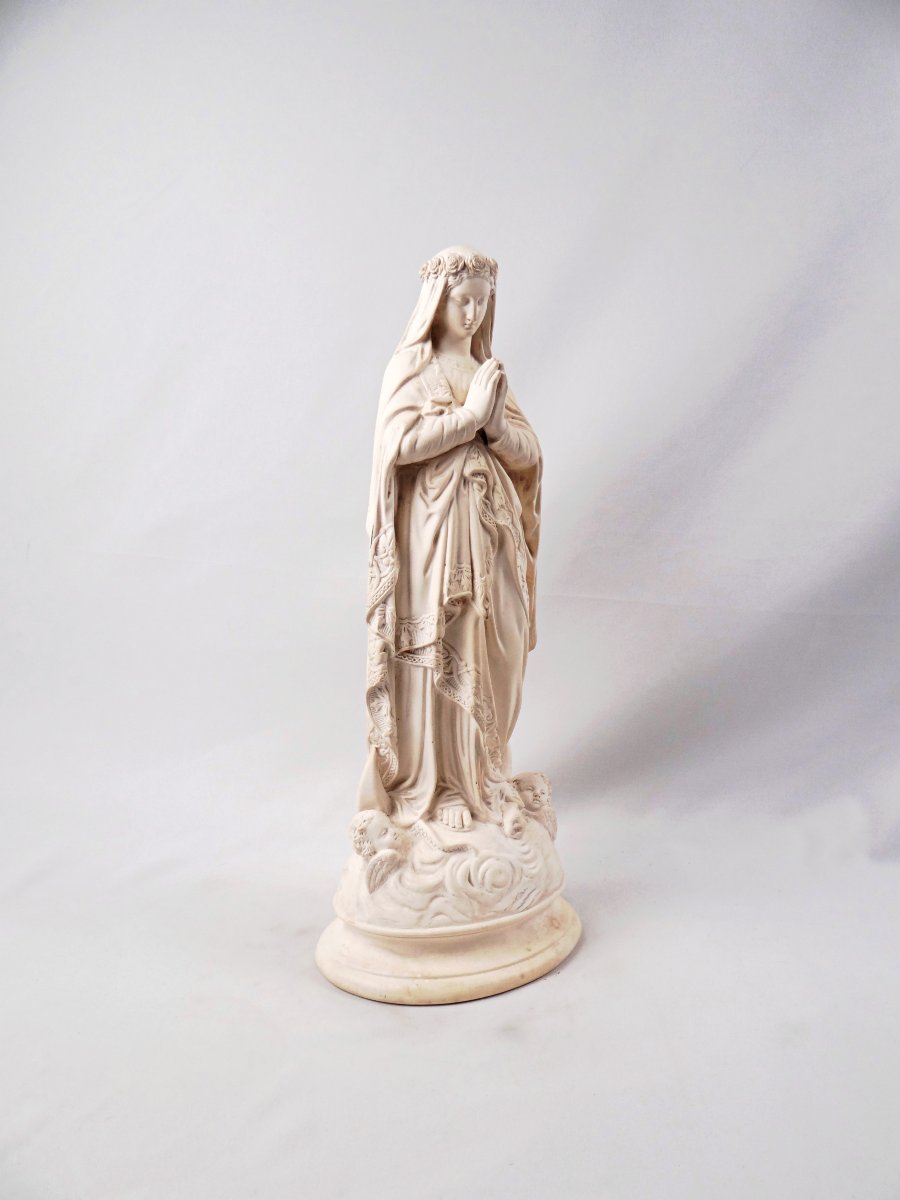 Large Virgin Mary Crowned With Flowers Crushing The Serpent, Plaster, Late 19th Century -photo-7