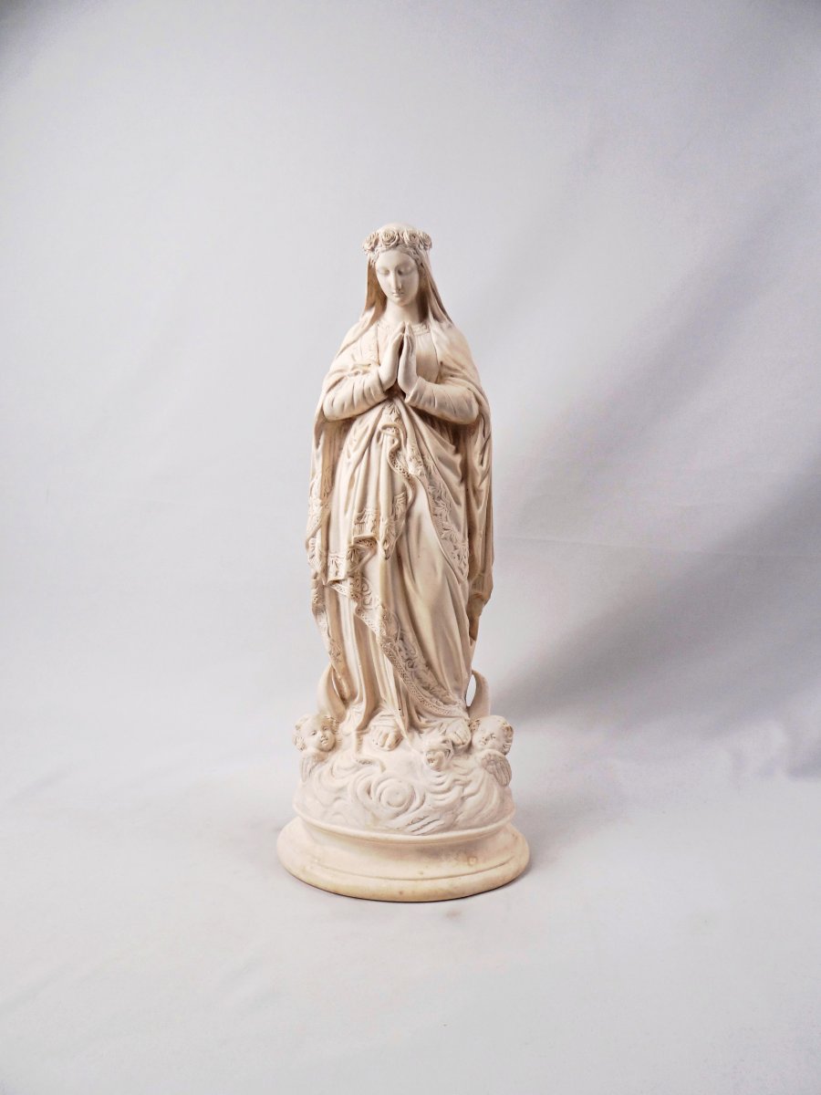 Large Virgin Mary Crowned With Flowers Crushing The Serpent, Plaster, Late 19th Century 