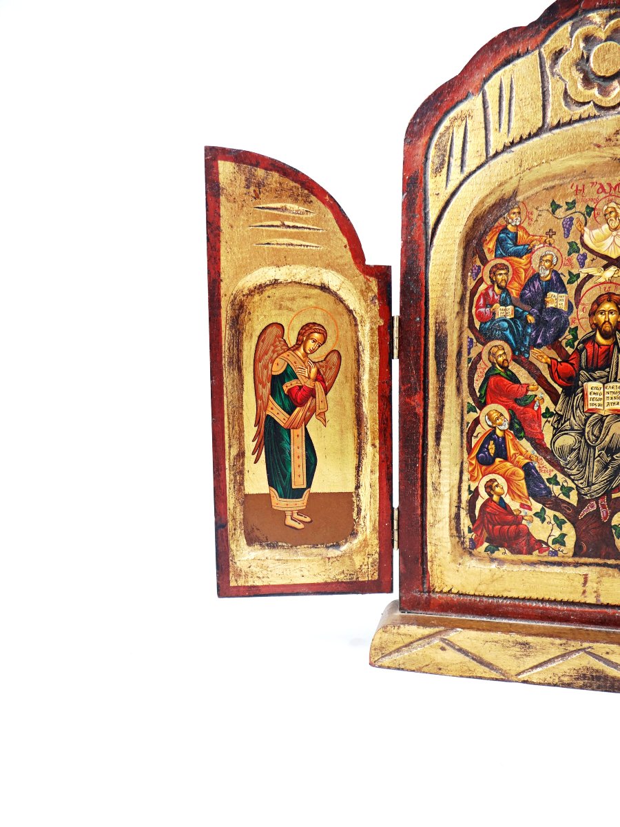 Icon Of Christ And His Apostles, Egg Tempera On Panel, Triptych, Mid-20th Century-photo-2