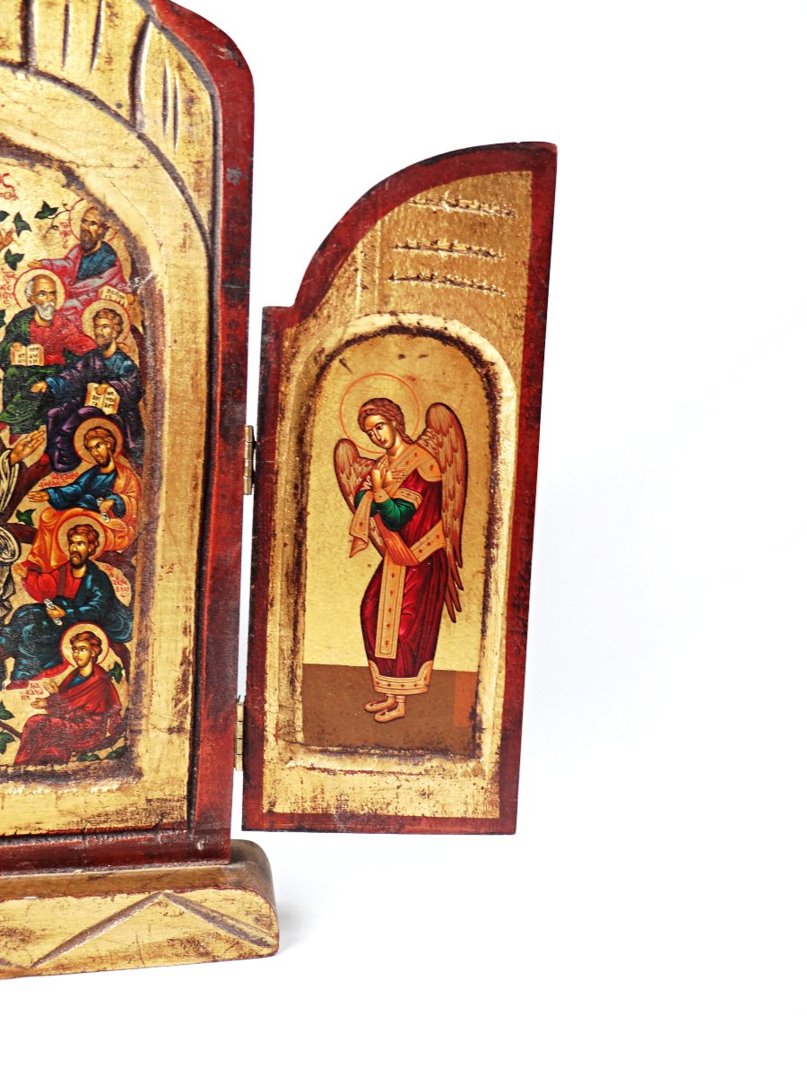 Icon Of Christ And His Apostles, Egg Tempera On Panel, Triptych, Mid-20th Century-photo-4