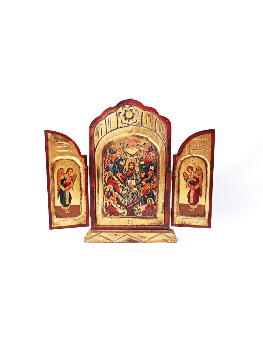 Icon Of Christ And His Apostles, Egg Tempera On Panel, Triptych, Mid-20th Century