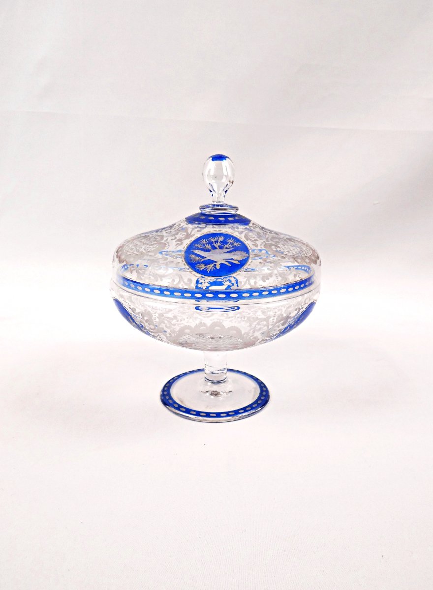 19th-century Bohemian Glass Candy Dish On A Foot, Engraved With Rocaille And Foliage Motifs