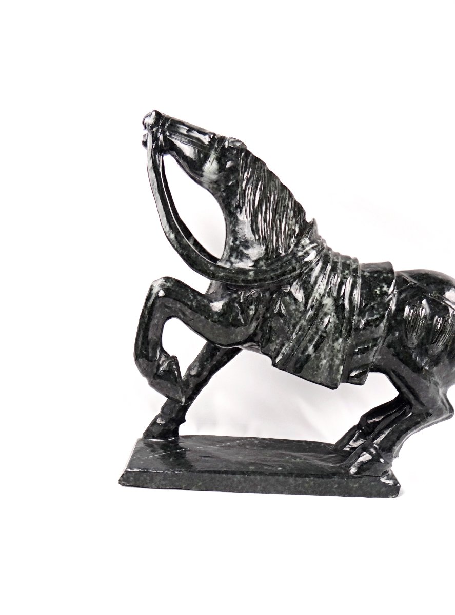 Tang Dynasty-style Warhorse Sculpture In Black Nephrite Jade, Mid-20th Century-photo-2