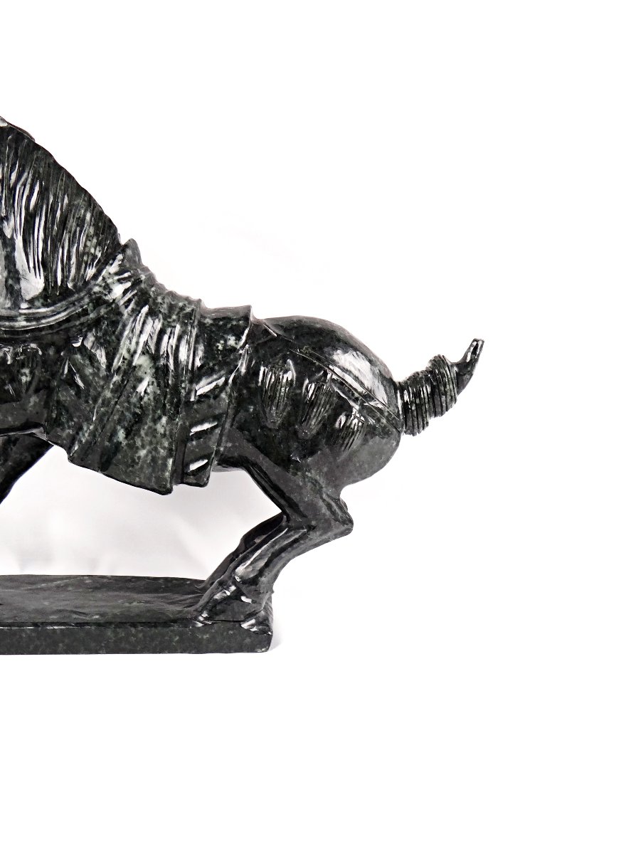 Tang Dynasty-style Warhorse Sculpture In Black Nephrite Jade, Mid-20th Century-photo-3