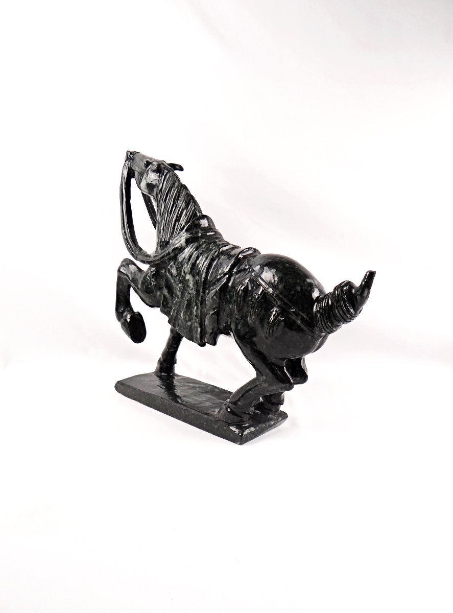 Tang Dynasty-style Warhorse Sculpture In Black Nephrite Jade, Mid-20th Century-photo-4