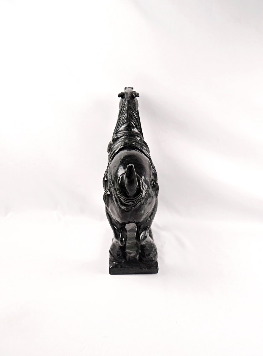 Tang Dynasty-style Warhorse Sculpture In Black Nephrite Jade, Mid-20th Century-photo-1