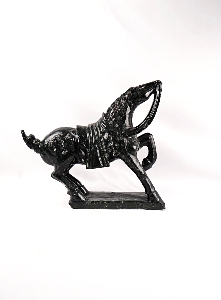 Tang Dynasty-style Warhorse Sculpture In Black Nephrite Jade, Mid-20th Century-photo-3