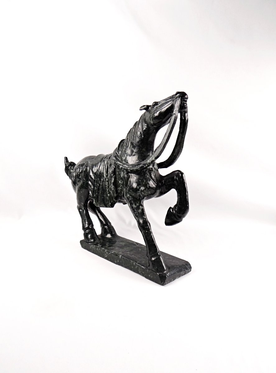 Tang Dynasty-style Warhorse Sculpture In Black Nephrite Jade, Mid-20th Century-photo-4
