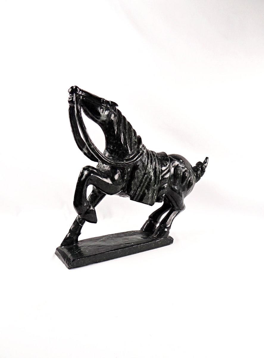 Tang Dynasty-style Warhorse Sculpture In Black Nephrite Jade, Mid-20th Century-photo-6