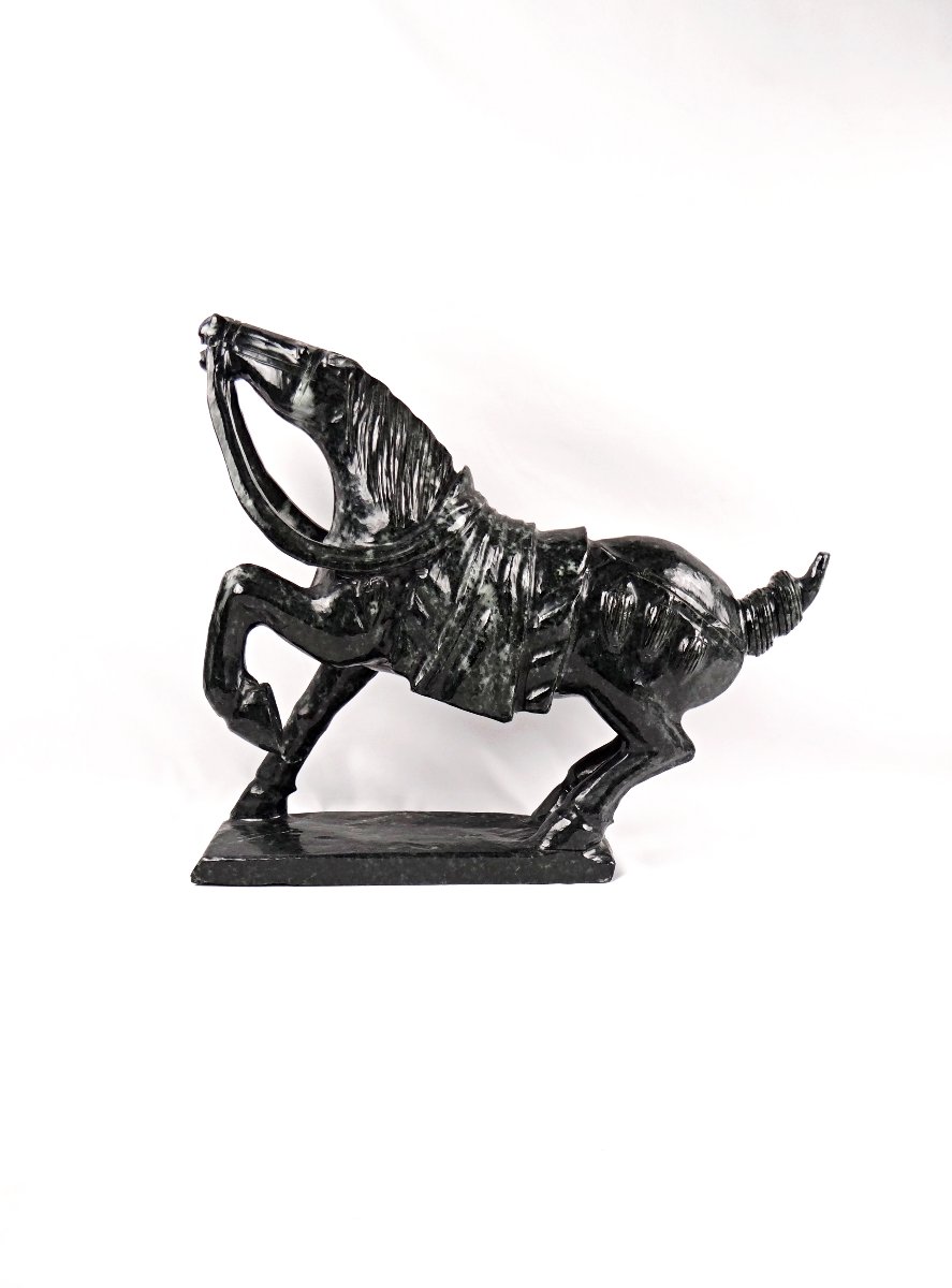 Tang Dynasty-style Warhorse Sculpture In Black Nephrite Jade, Mid-20th Century