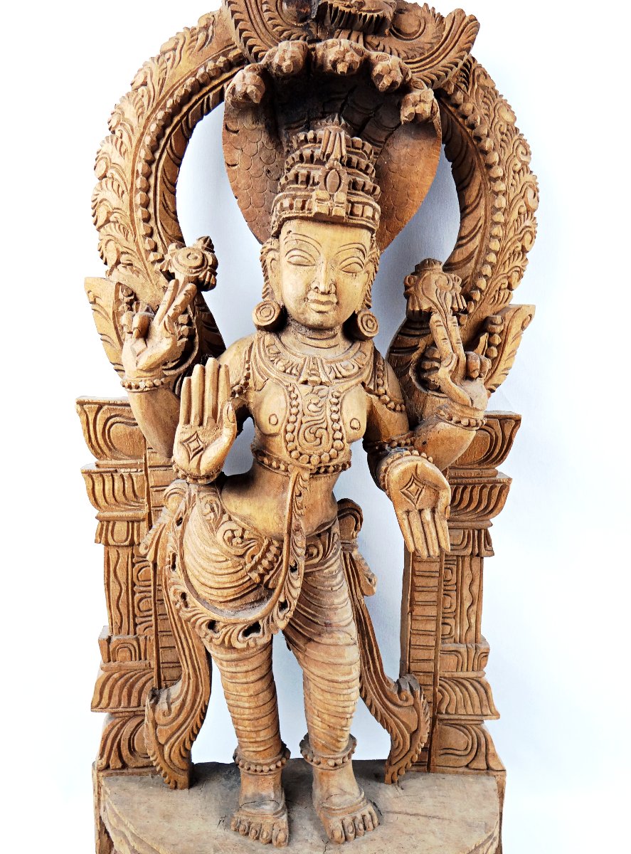 Sculpture Vaishnavi aux naga en bois artisanat religieux népalais milieu XXe-photo-3
