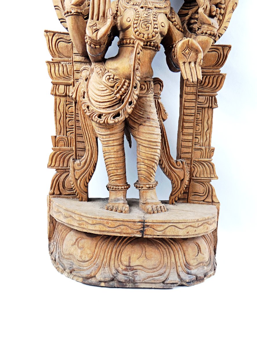 Sculpture Vaishnavi aux naga en bois artisanat religieux népalais milieu XXe-photo-4