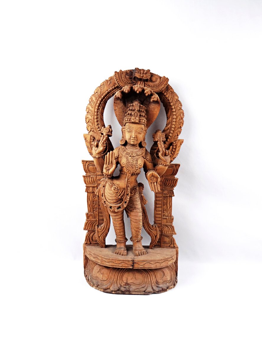 Sculpture Vaishnavi aux naga en bois artisanat religieux népalais milieu XXe