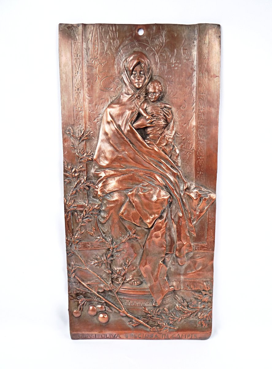 La madone de l'olivier plaque murale en cuivre Art Nouveau fin XIXe-photo-3
