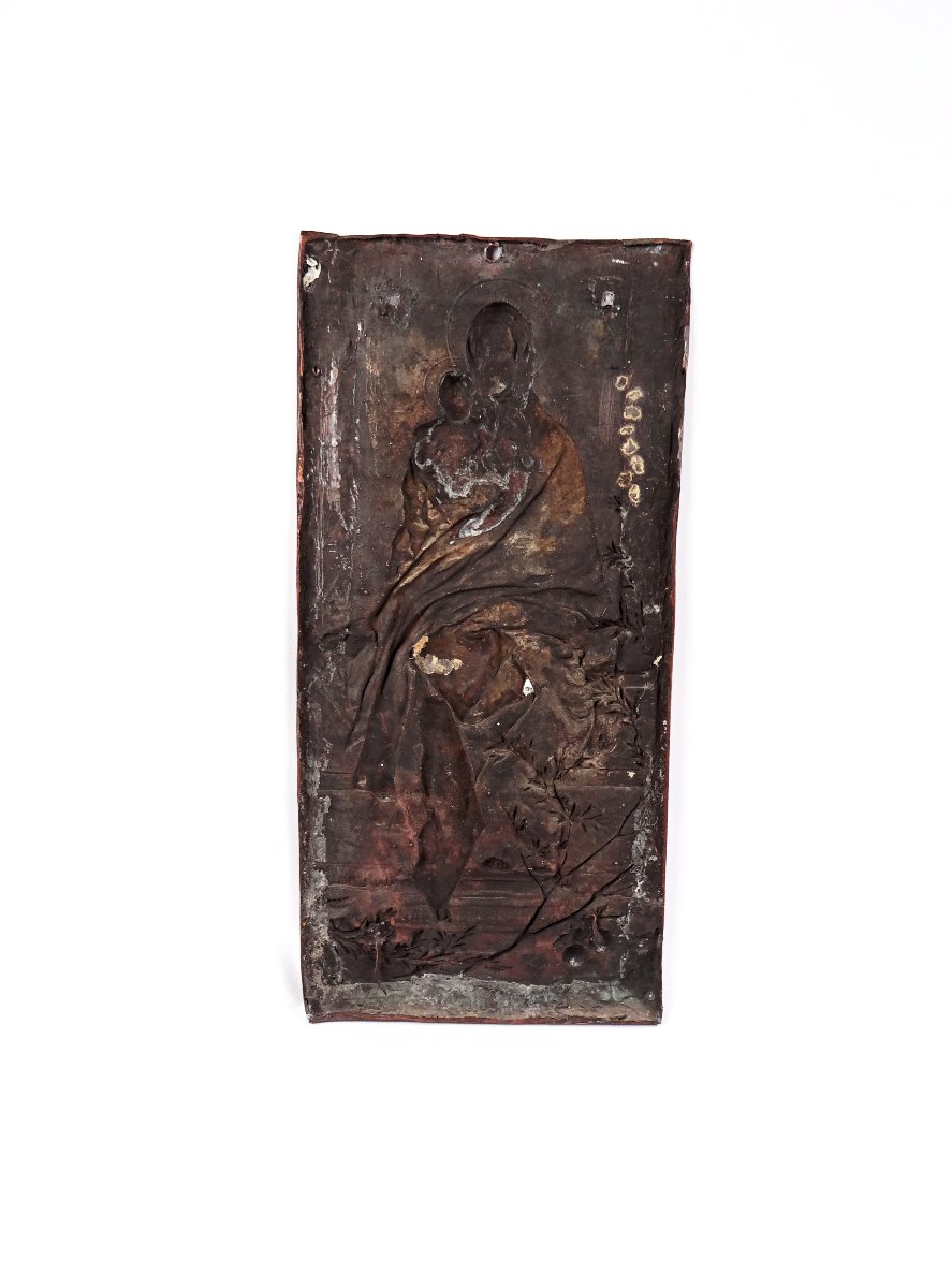 La madone de l'olivier plaque murale en cuivre Art Nouveau fin XIXe-photo-3