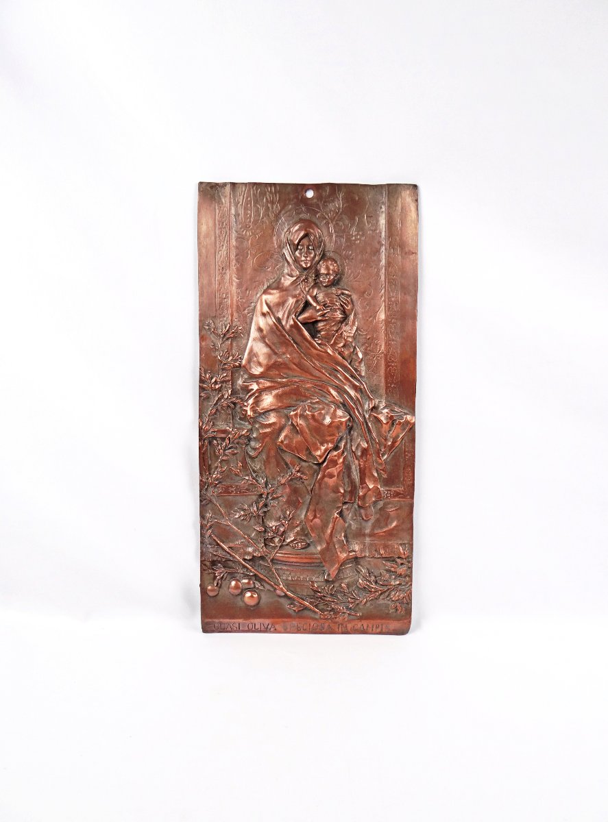La madone de l'olivier plaque murale en cuivre Art Nouveau fin XIXe