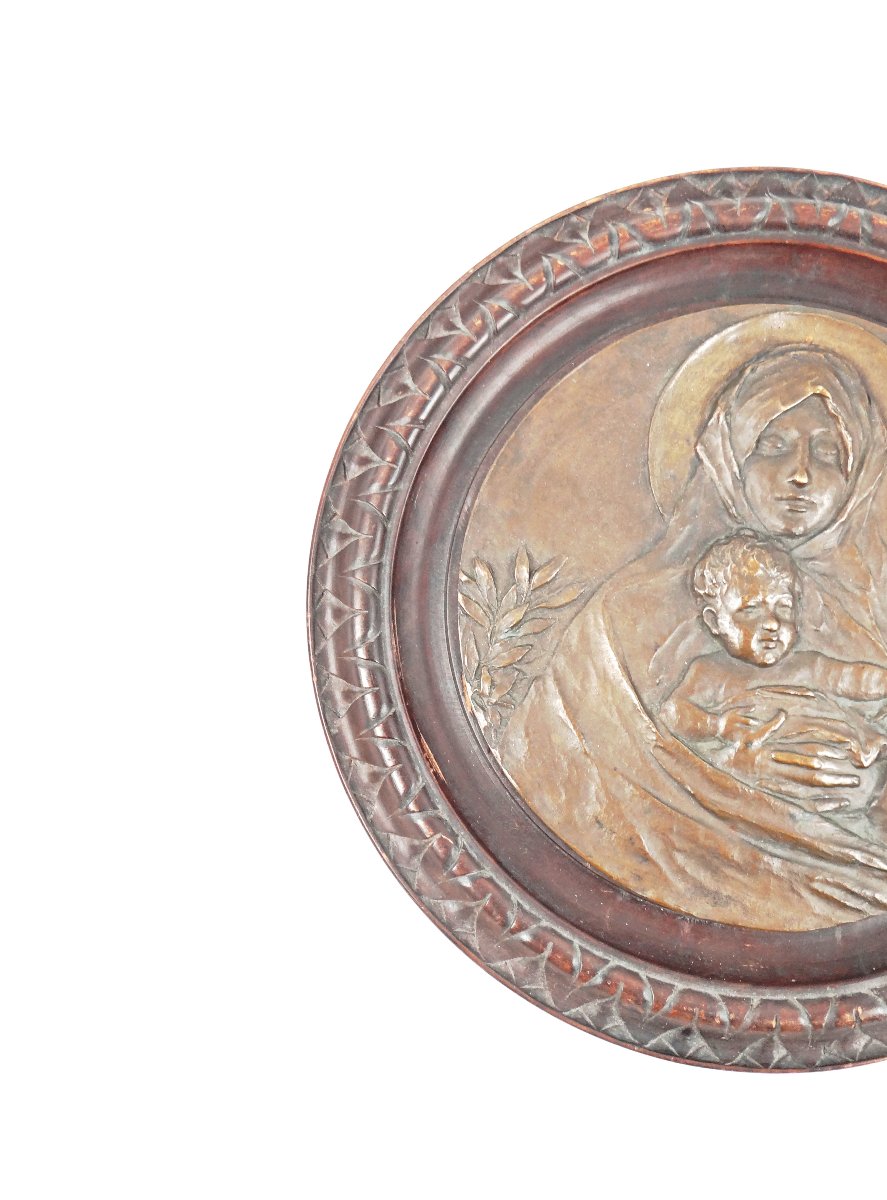 La madone de l'olivier bas-relief en bronze & bois Art Nouveau début XXe-photo-2